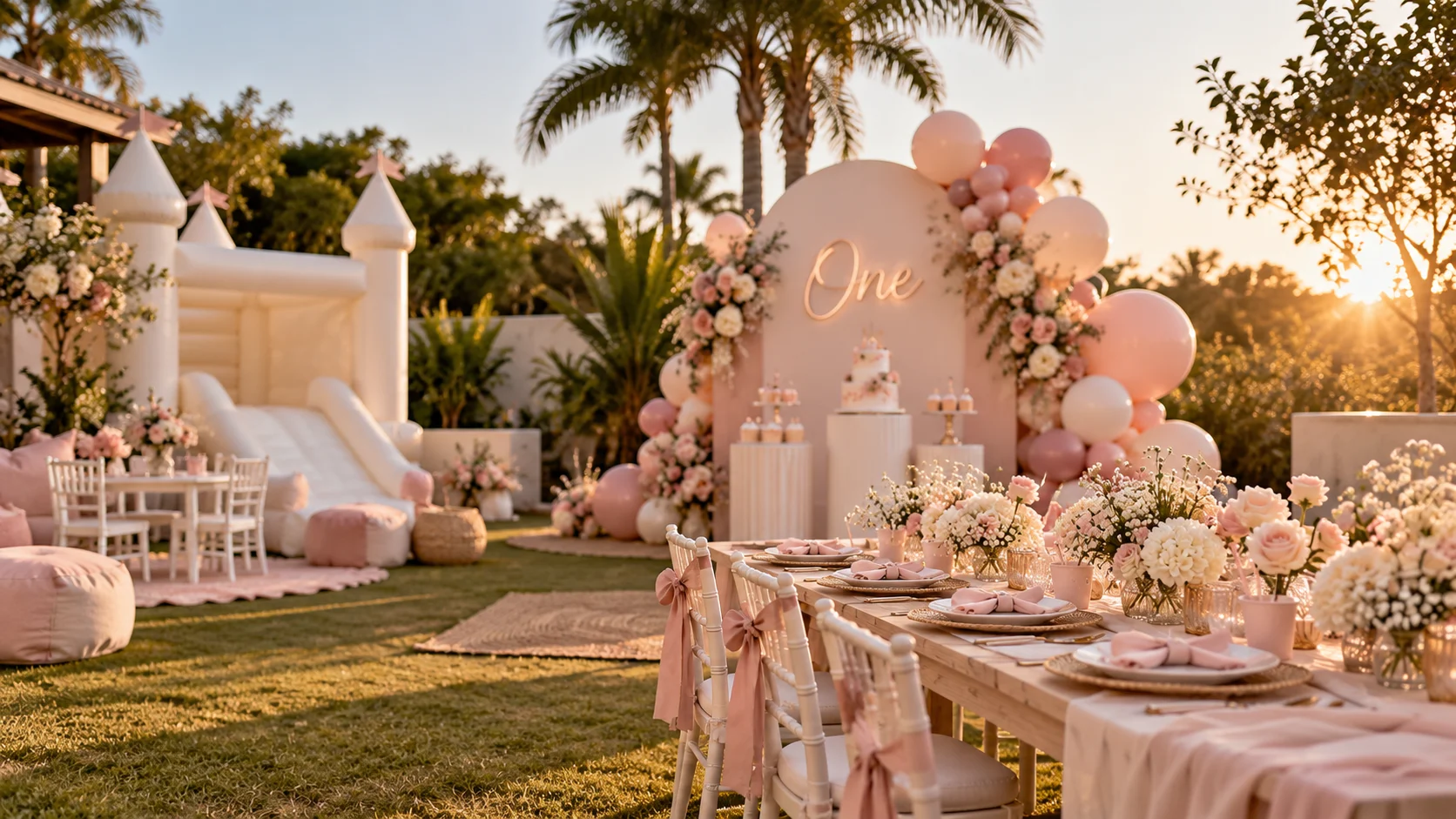 Pink and cream first birthday party setup with a balloon arch, styled table and bouncy castle at sunset